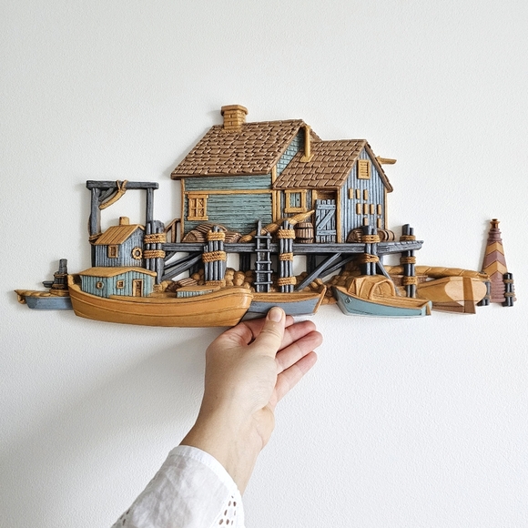 Pair of 1970's Burwood 3D Wall Hanging Seaside Vtg Set Fishing Wharf Boat Dock - Picture 2 of 16